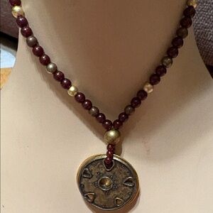 Liz Claiborne Brown and Gold Beaded Necklace with Coin Pendant